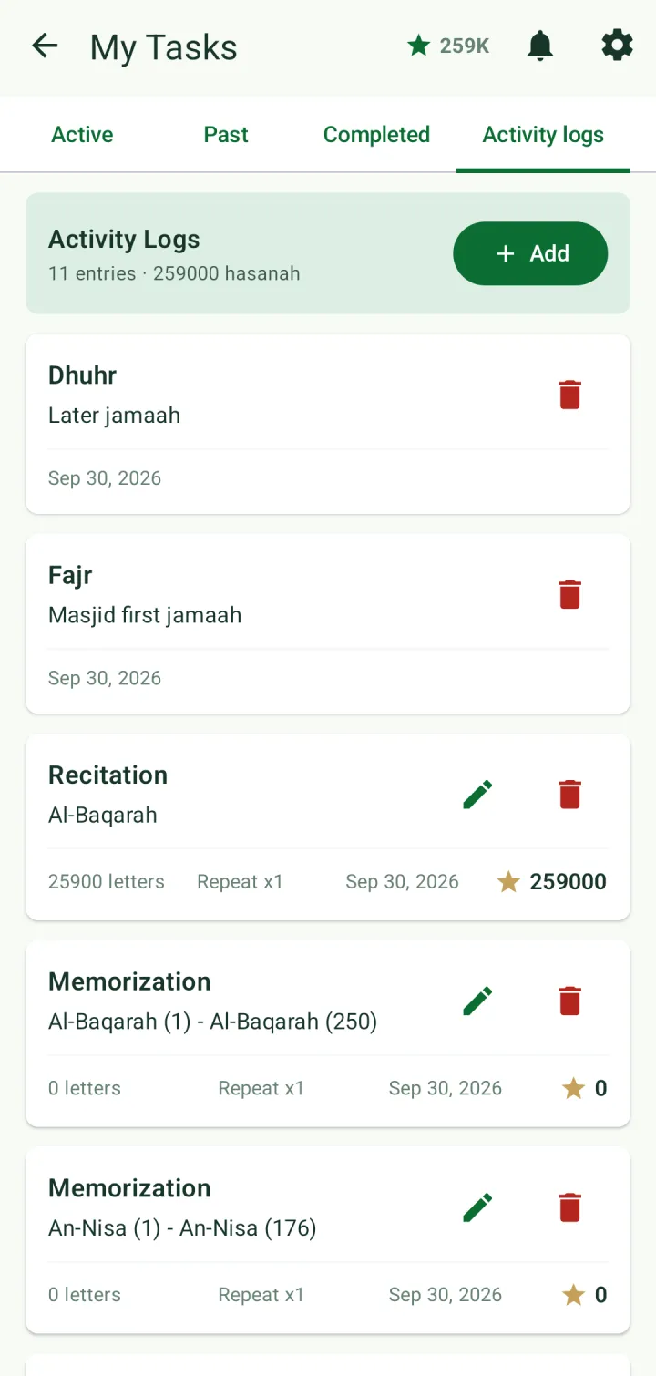 Activity Logs: 11 entries and 259,000 hasanah, listing Dhuhr, Fajr and a recitation of Al-Baqarah