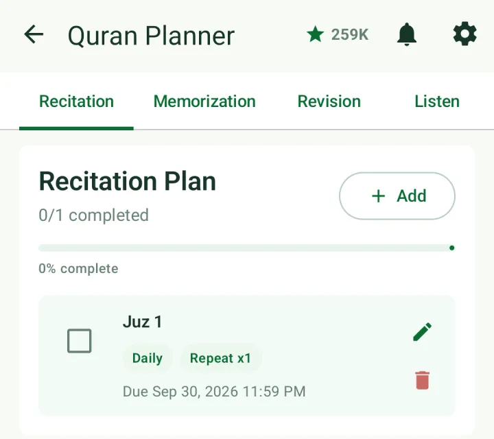 Quran Planner with a daily Juz 1 recitation plan, 0 of 1 completed, due today