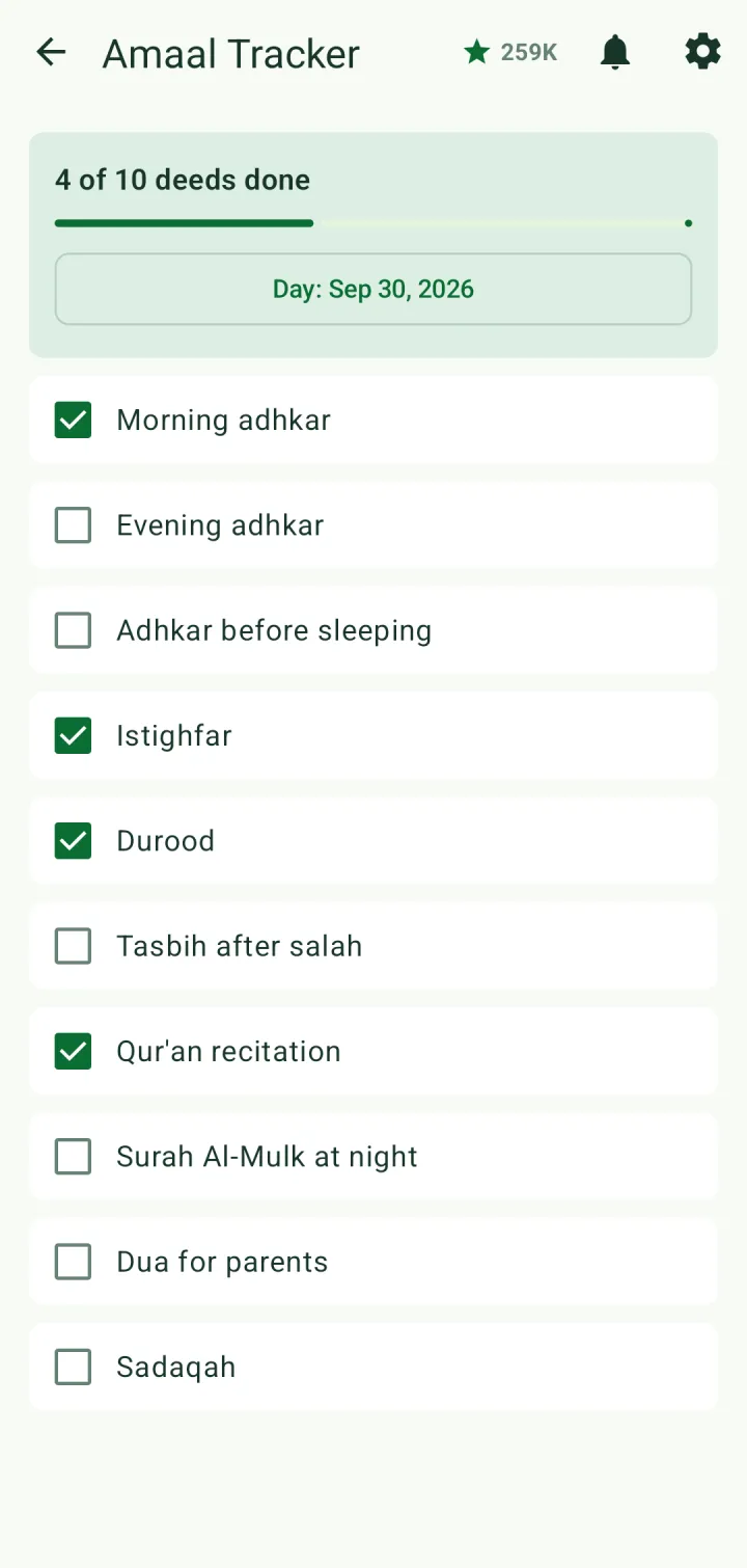 Amaal Tracker showing 4 of 10 deeds done for the day