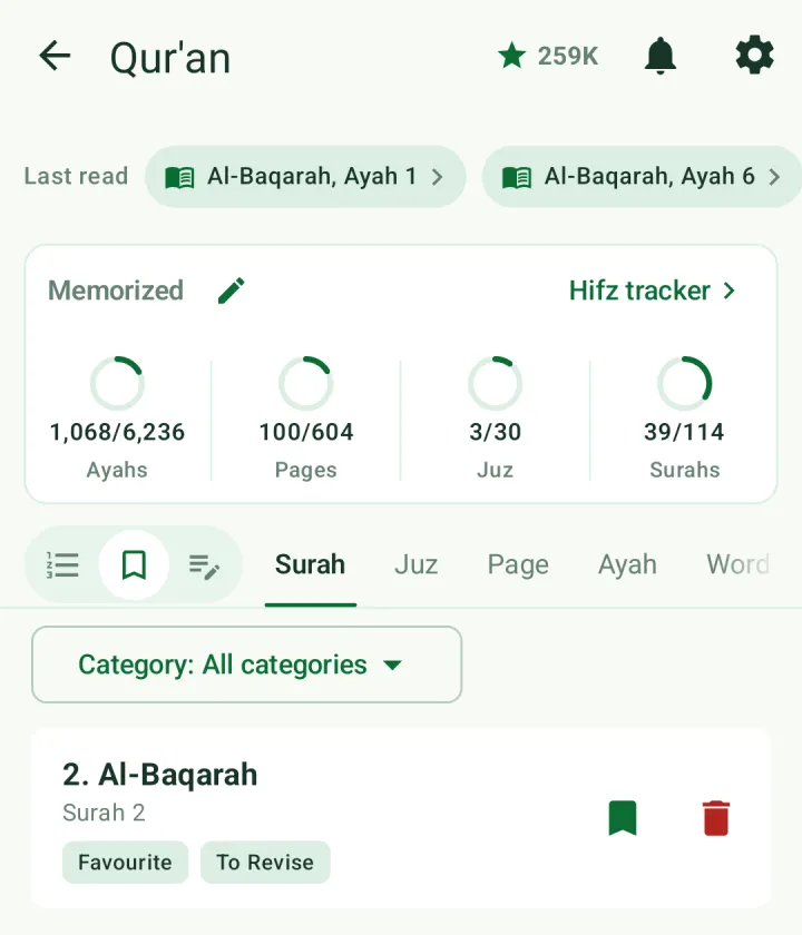 Bookmarks tab showing Al-Baqarah filed under Favourite and To Revise