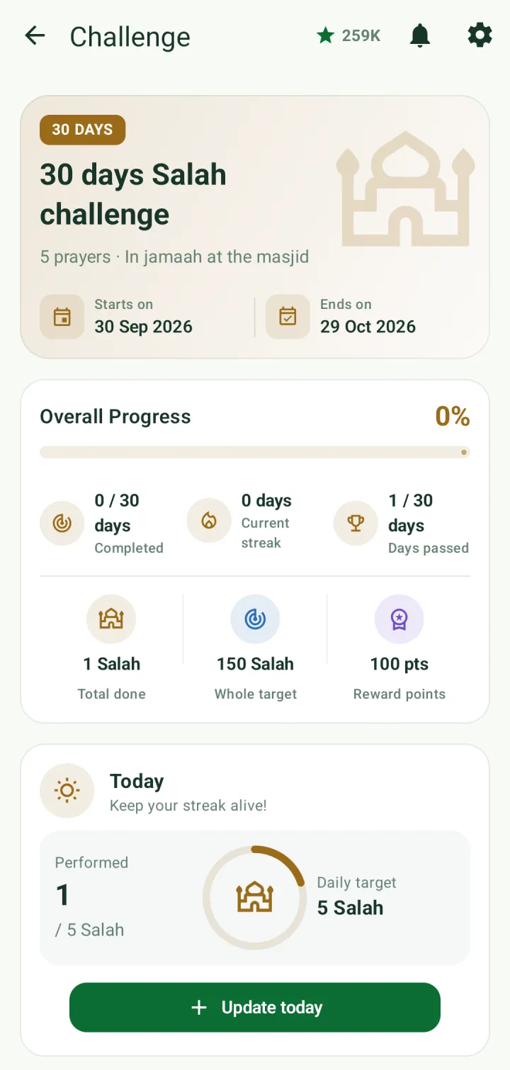 Challenge detail: 30 days Salah challenge from 30 Sep to 29 Oct 2026, with progress, streak and today's log