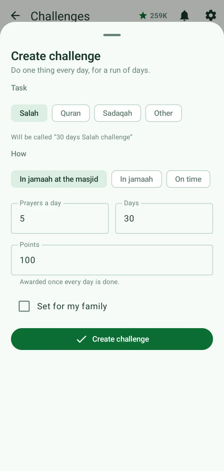 Create challenge form: Salah, in jamaah at the masjid, 5 prayers a day for 30 days, 100 points