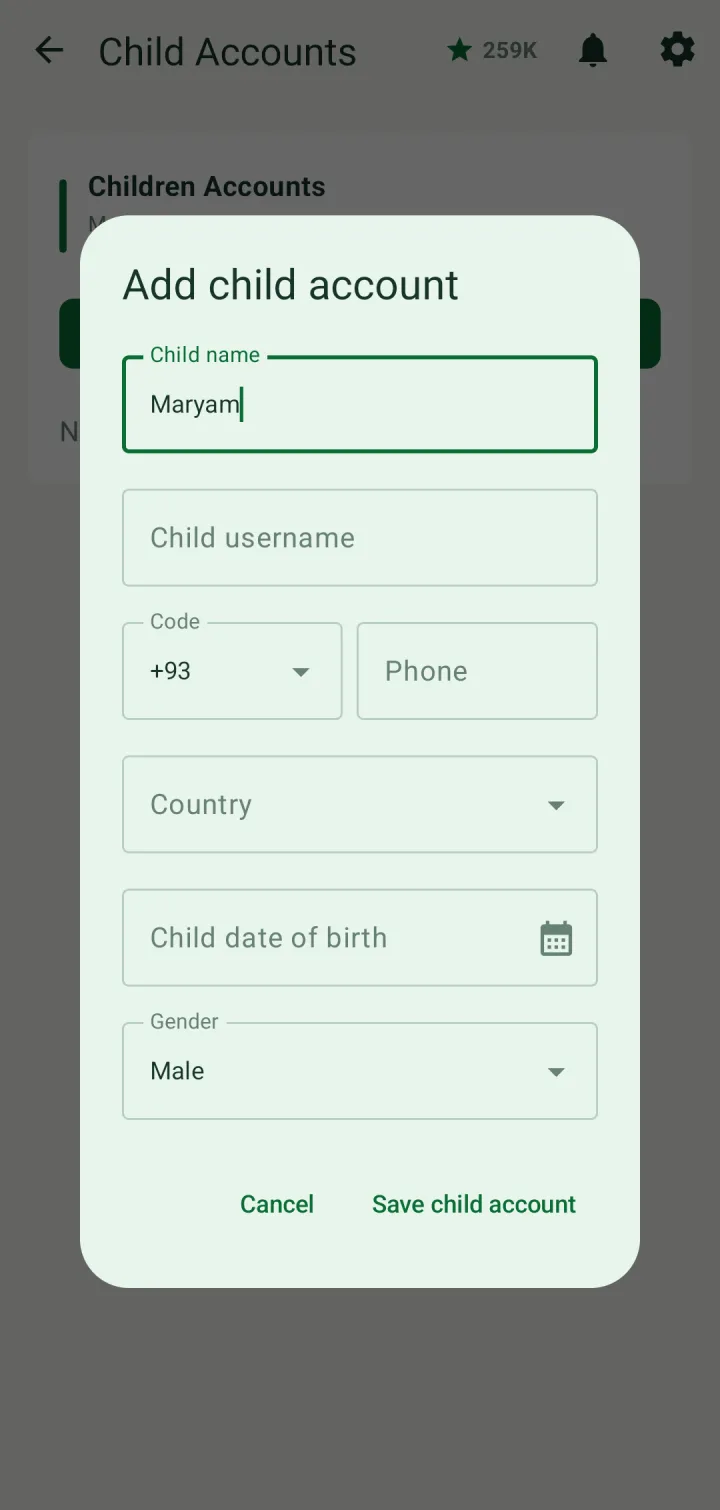 Add child account form with the child's name, username, phone, country, date of birth and gender
