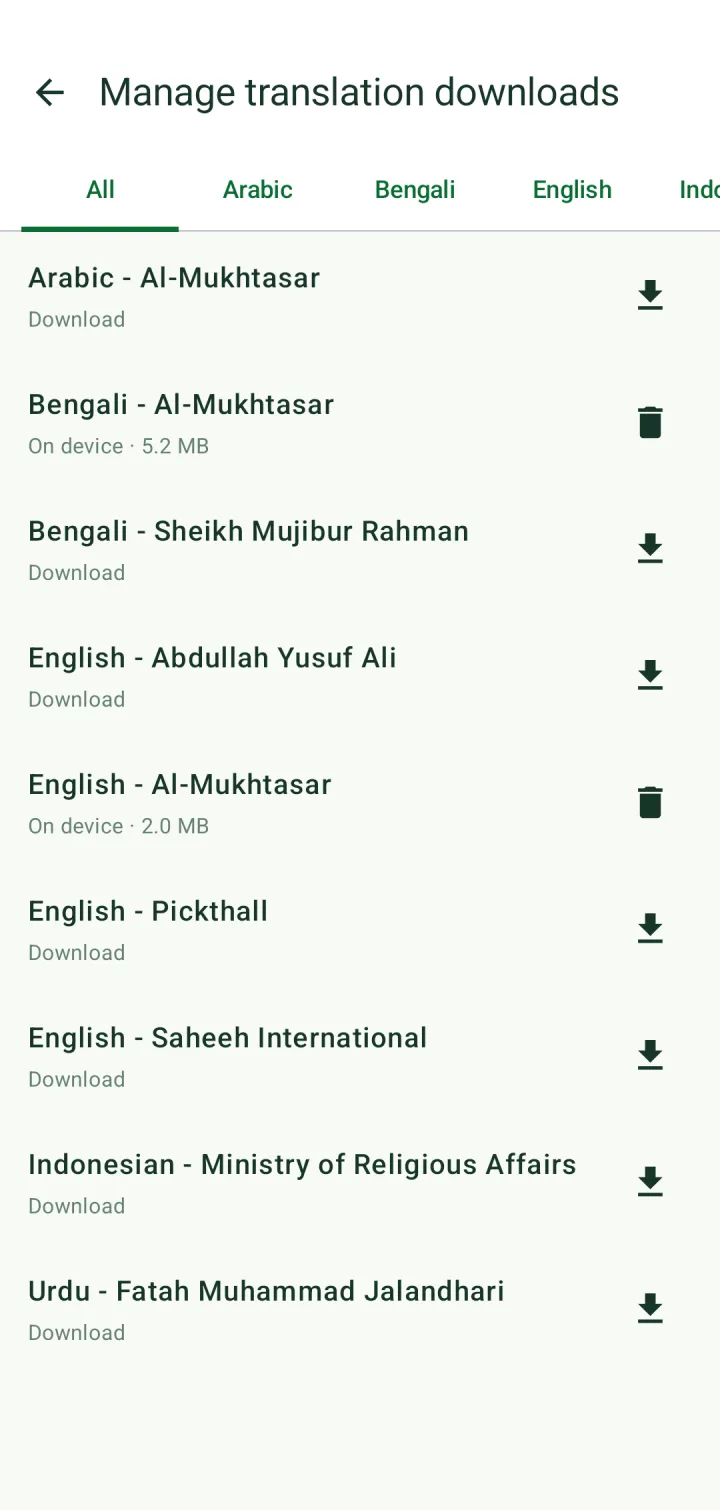 Translation download manager listing translations by language, with Al-Mukhtasar on device and others to download