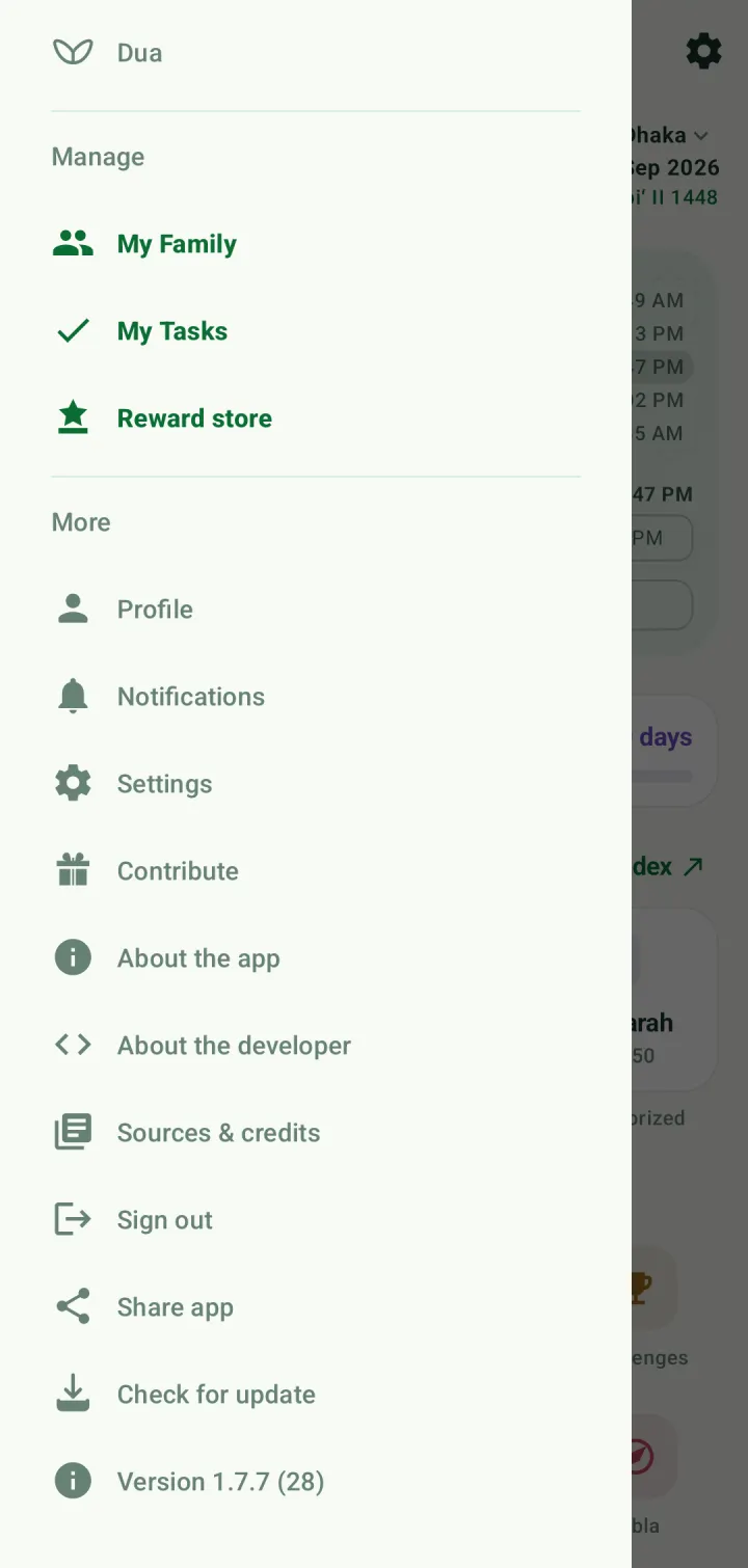The lower part of the side menu: Manage and More sections, down to Check for update and the version number