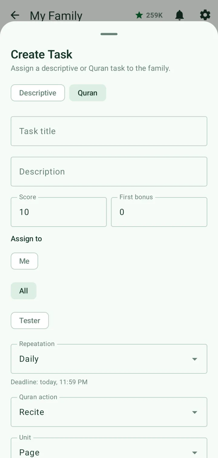 Create Task form with Descriptive and Quran types, score, first bonus, assign to, repetition and Quran action