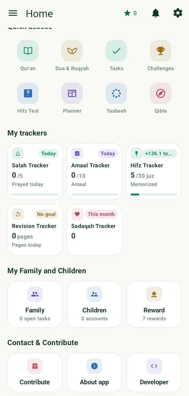 The lower half of the home screen with Quick access, My trackers and My Family and Children