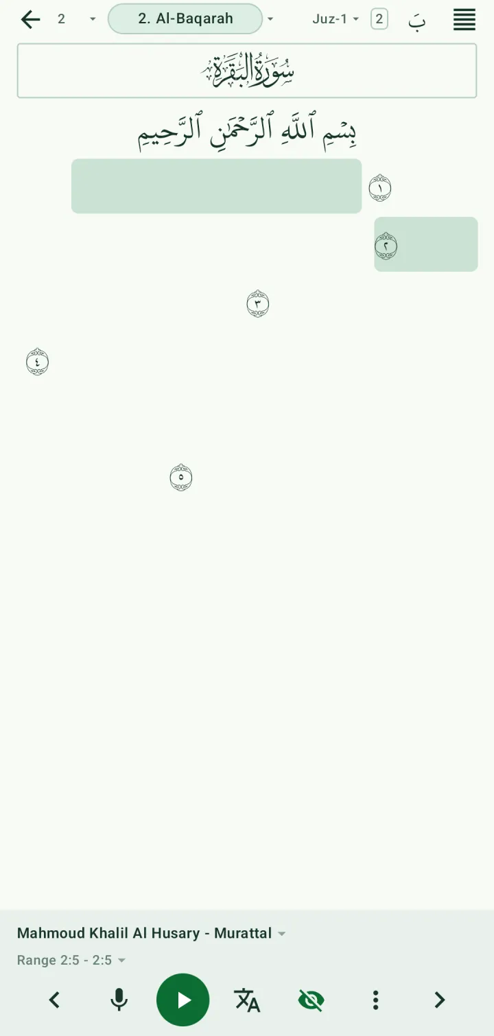 Practice mode with the words of the page hidden and only the ayah numbers showing
