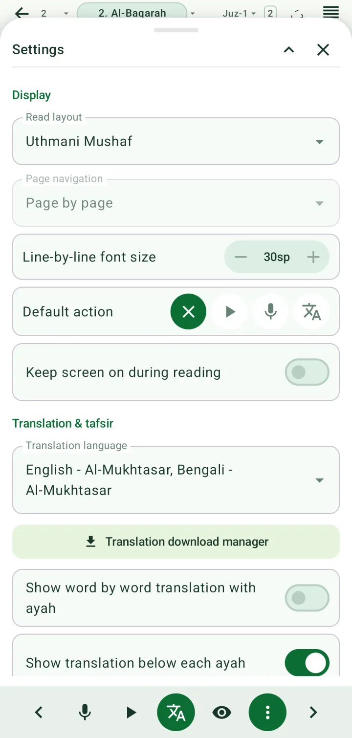 Reader settings: read layout, page navigation, font size, default action and translation options
