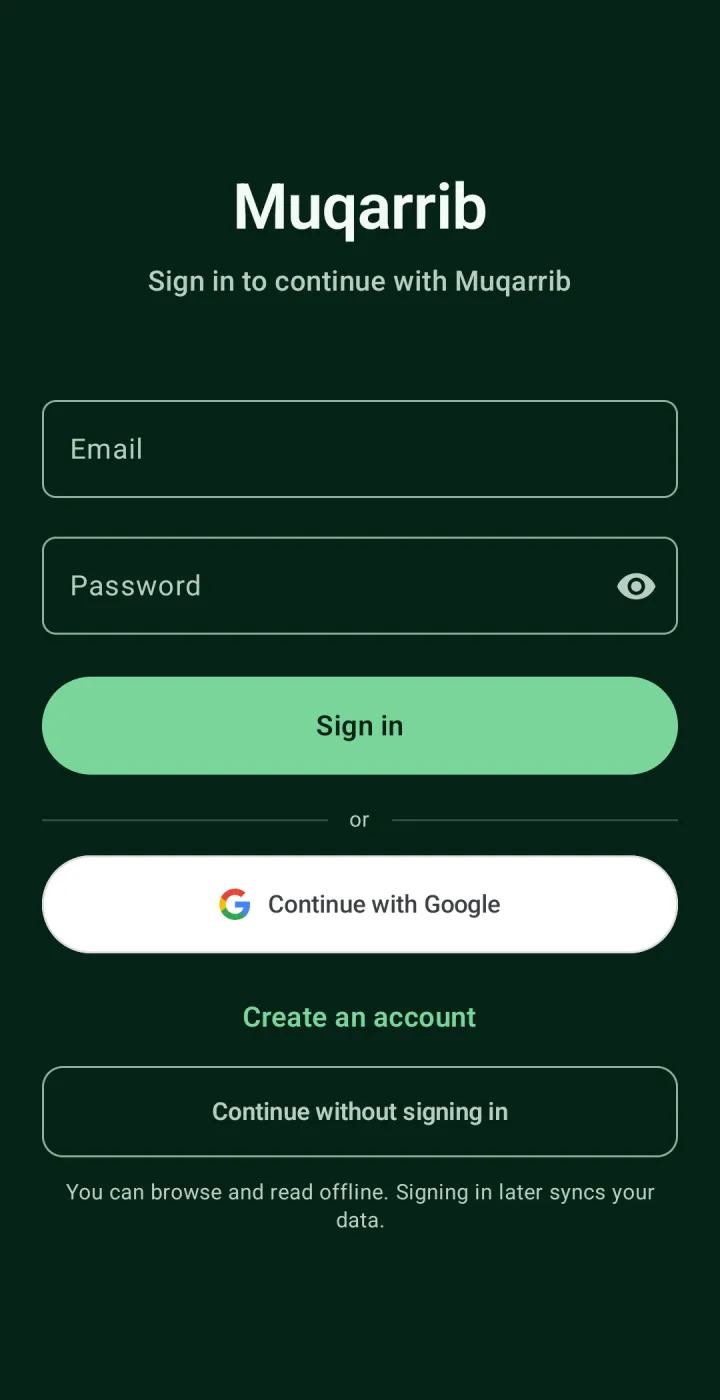 The sign-in screen with email and password, Continue with Google, Create an account and Continue without signing in