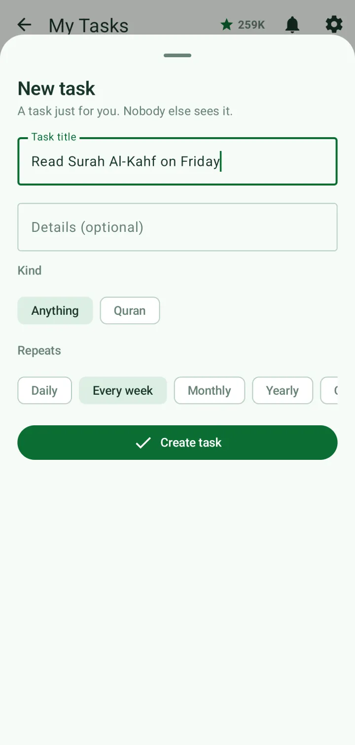 New task form: Read Surah Al-Kahf on Friday, kind Anything, repeats every week